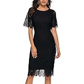 MEROKEETY Women's Short Sleeve Lace Floral Cocktail Dress Crew Neck Knee Length for Party