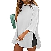 Fisoew Womens Oversized T Shirts Casual 3/4 Sleeve Side Slit Workout Gym Loose Fit Summer Tee Tunic Tops