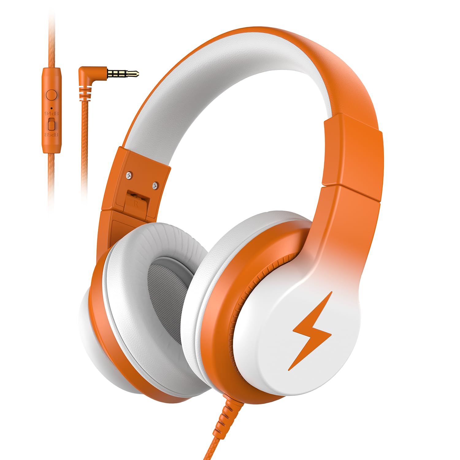 Candy Bila Kids Headphones, Wired Headphones for Kids Over Ear with Microphone, 85/94dB Volume Limiter Headphone for Girls Boys, Foldable Headphone for Learning & Entertainment, White and Orange Image