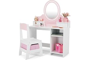 JOYLDIAS Kids Vanity with Lights, Pink Girls Makeup Vanity with 2 Drawer, Storage Cabinet & Shelves, 2 in 1 Toddler Vanity Table and Chair Set, Dressing Table for Kids 3+