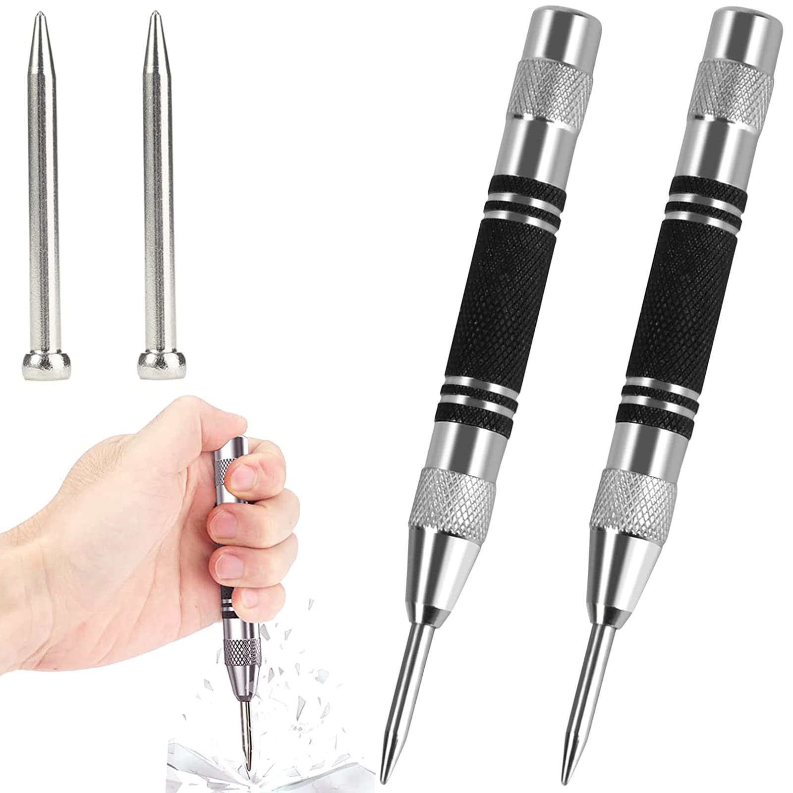 2 Pack CTDMJ Spring Loaded Adjustable Positioning Punch Drilling Holes 5 Inches Spring Loaded Center Hole Punch for Metal Wood Window Glass, with 2 Replacement Tips