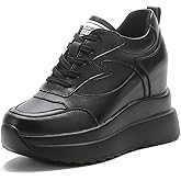 MIEHUIAI Platform Sneakers for Women High Hidden Heel Wedge Sneakers Fashion Leather Chunky Lace up Wedge Tennis Shoes Increasing 3.94 inch
