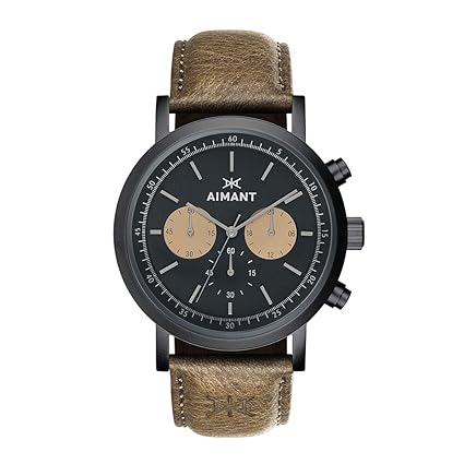 AIMANT Mens Tokio Black with Green Leather Band GTO-220L3-11