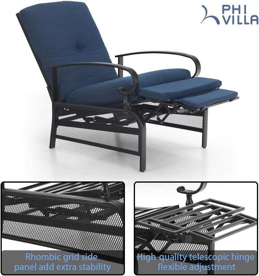 PHI VILLA Patio Adjustable Lounge Chairs Outdoor Metal Relaxing Recliner Sofa Chair with 5" Removable Cushions, Blue: Kitchen & Dining