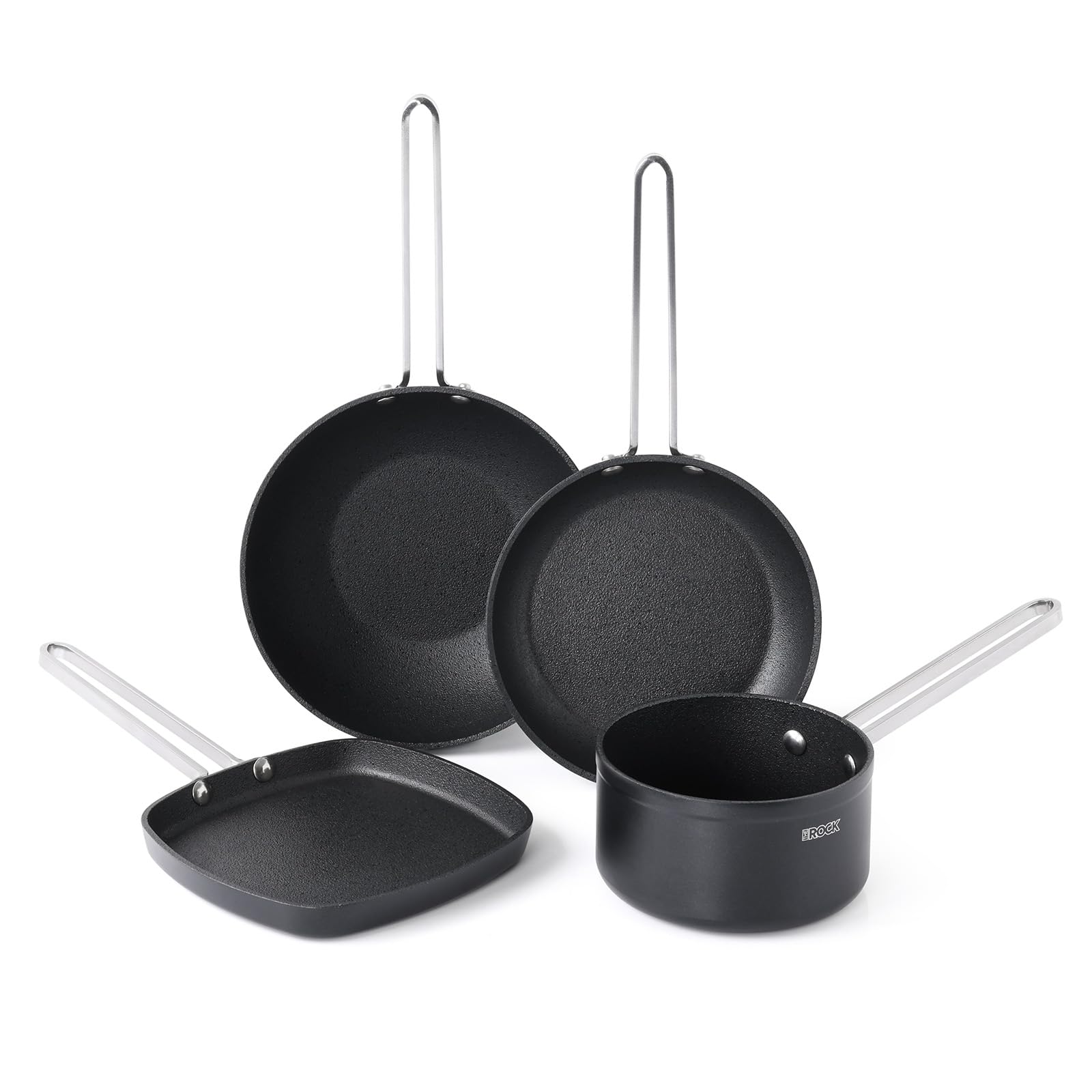 Photo 1 of THE ROCK Single Serve Nonstick Pots and Pans Set, 4pc Portion Control Cookware Set with Rock.Tec, Scratch/Stain/Crack Proof, Oven & Dishwasher Safe, Perfect for Dorm, Camping & Small Kitchens, Black