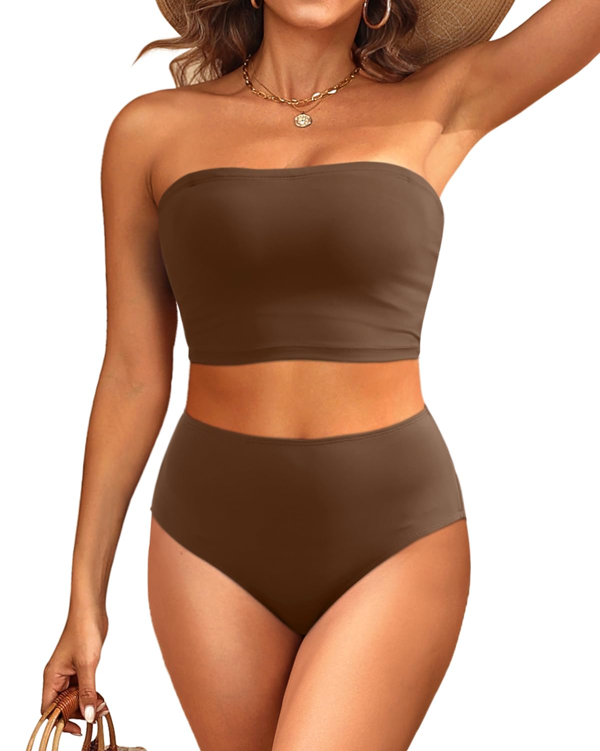 Photo 1 of Tempt Me Women Brown Bandeau Bikini Set Strapless High Waisted Two Piece Swimsuit Longline Bathing Suits S