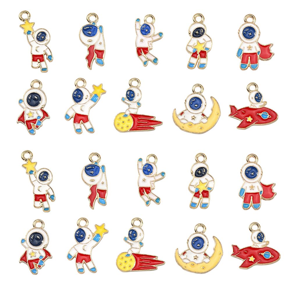 Stiesy 50Pcs 10 Styles Enamel Spaceman Charms Pendants Astronaut Charms Spacecraft Dangle Charms for Crafting DIY Gift Jewellery Making