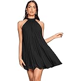 SweatyRocks Women's Casual Sleeveless Tie Back Halter Dress Mini Swing Pleated A-line Loose Dress