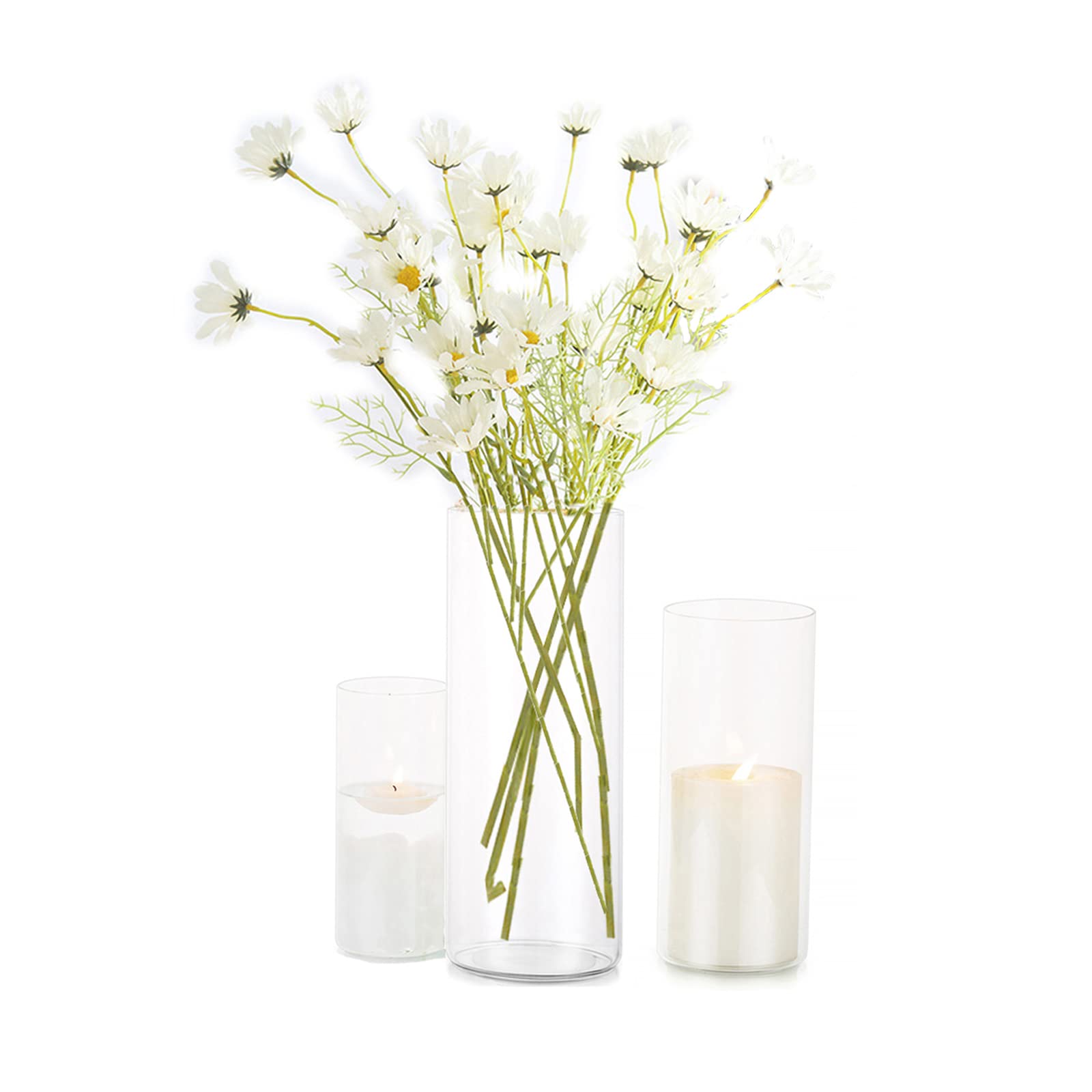 EylKoi Cylinder Vase Bulk Clear - Cylinder Vases for Centerpieces 3Pcs/Set Hurricane Floating Candle Holder, Glass Vases for Flowers, Decorative Centerpiece for Home Wedding, 15+20+25cm(High)