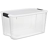 Sterilite 19889804 70 Quart/66 Liter Ultra Latch Box, Clear with a White Lid and Black Latches, 4-Pack
