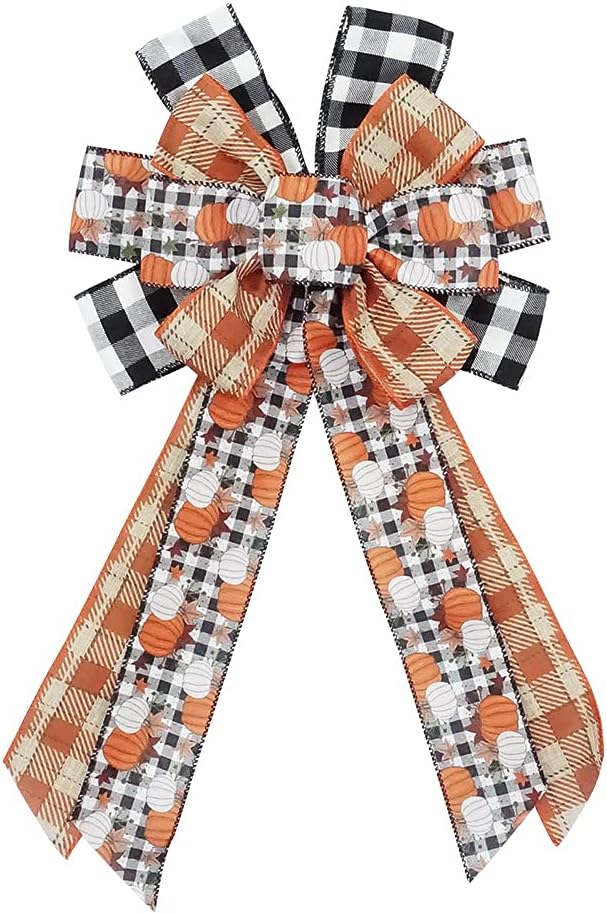 Bows & Ribbons - Fall Pumpkin Bow for Wreath, Black White Orange Buffalo Plaid Wreath Bow for Fall Décor - Autumn Thanksgiving Bow for Front Door Indoor Outdoor Wall Decoration Supplies Ornaments