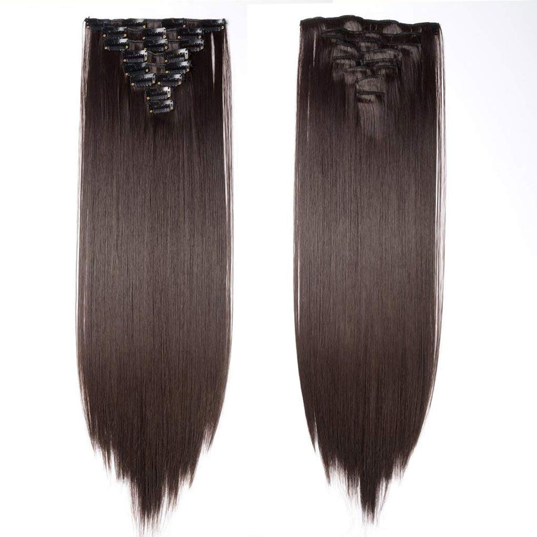 Real Fashion Extensions Clip in Hair Extension Long Straight 8 Pcs Full Head 18 Clips Synthetic Heat Resistant Hairpiece 26 Inches Straight Dark Brown