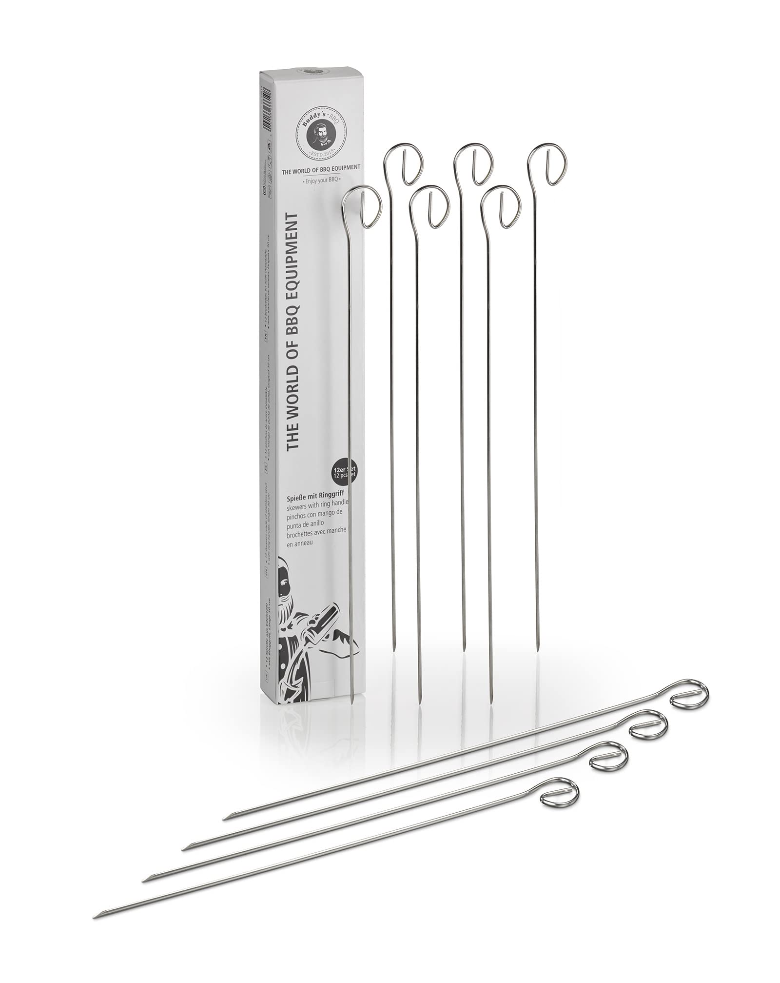 Buddy's BBQ Stainless Steel Barbecue Skewers, 12 x 30 cm with Ring Handle, First-class BBQ Equipment