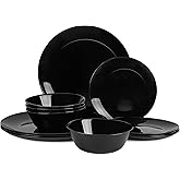 Dinnerware Sets for 4, LaGlint 12 Pieces Opal Glass Plates and Bowls Set, Dishwasher and Microwave Safe Dish Dinning Ware, Chip and Scratch Resistant Dishware Black