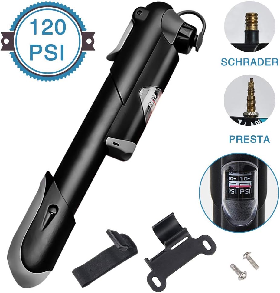 Aromu Mini Fahrradpumpe mit Druckmesser 120 PSI Luftpumpe Fahrrad passend für Presta &amp; Schrader Genaue schnelle Inflation, Rahmenhalterung für Straßen- und Mountainbikes