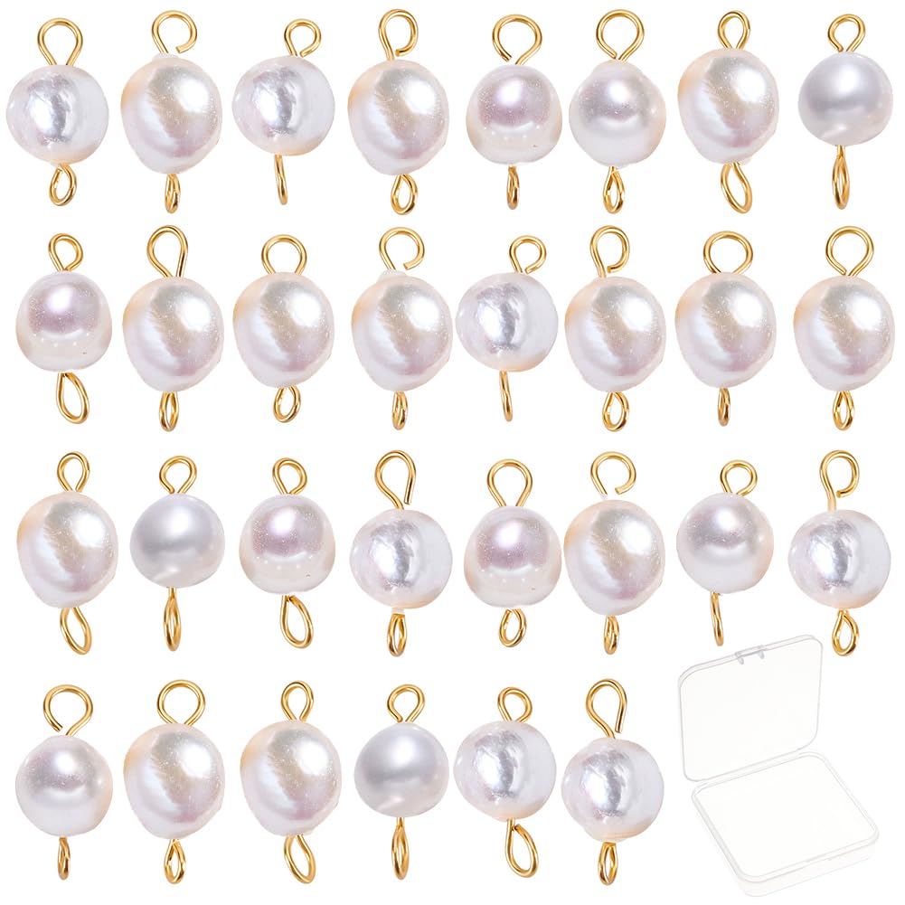 SUNNYCLUE 1 Box 30Pcs Natural Freshwater Pearl Beads Links Connectors Baroque White Pearl Beads with 304 Stainless Steel Eye Pin for Women Necklace Bracelet Earring DIY Jewellery Making