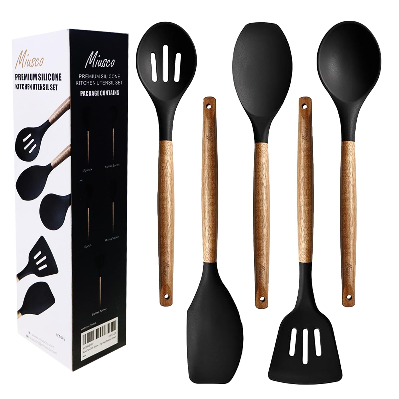 Miusco Non-Stick Cooking Utensils, Silicone Kitchen Utensils Set with Natural Acacia Hard Wood Handle, 5 Piece, Black, BPA Free, Baking & Serving Wooden Cooking Spoon