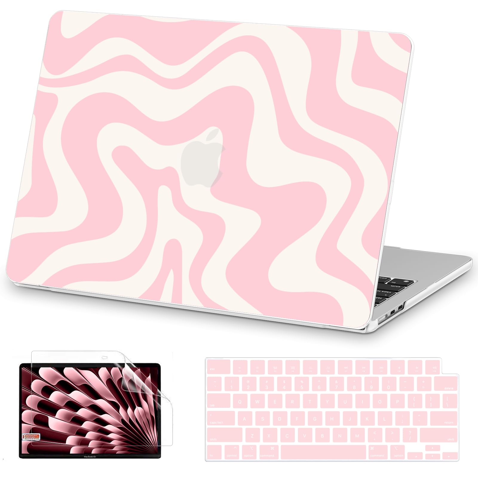 Photo 1 of AKIT Compatible with MacBook Air 15 Inch Case 2025 2024 2023 M4 M3 M2 A3241 A3114 A2941, Unique Pattern Plastic Hard Shell Laptop Case+Keyboard Cover+Screen Protector for Mac Air 15 Inch, Pink Wave