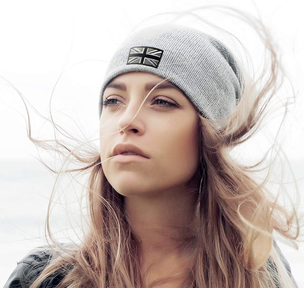 Custom Slouchy Beanie British Flag Black White Embroidery Acrylic Skull Cap Hats for Men & Women Dark Grey Design Only: Clothing