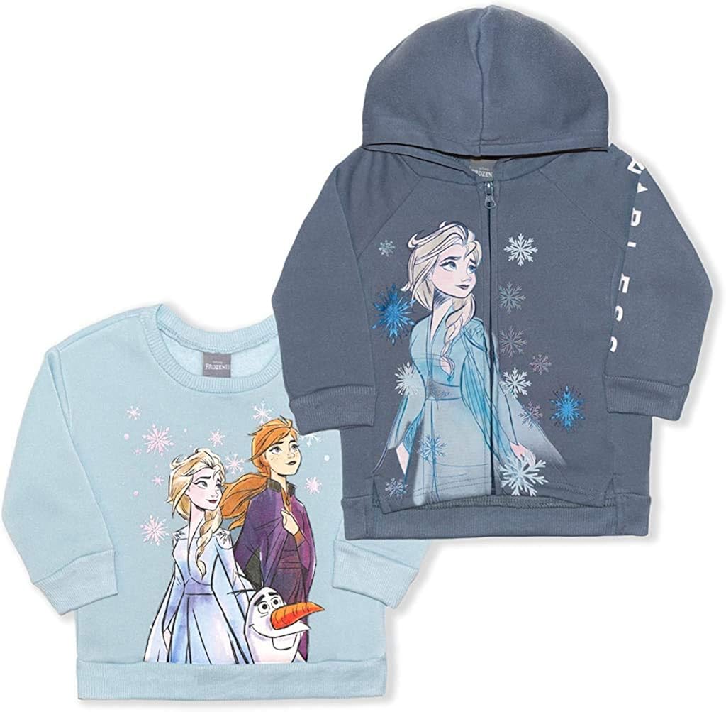 Disney Frozen Girl's 2-Piece Zip Up Hoodie and Crewneck Sweatshirt Set: Clothing
