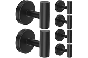 stusgo 6-Pack Black Towel Hooks, Towel Hook Wall Mounted, Matte Black Hooks for Bathroom, Stainless Steel Wall Hooks for Hang