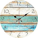 Grazing 12" Vintage Arabic Numerals ,Shabby Beach, Weathered Beachy Boards Design ,Ocean Colors Old Paint Boards Printed Image, Rustic Mediterranean Style Wooden Decorative Round Wall Clock (Sky)