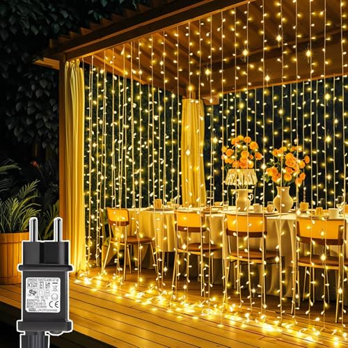 Joycome 3 m x 3 m 300 LED Christmas Light String Lights with Transformer, Timer, 8 Modes Waterproof Curtain Light for Christmas, Bedroom, Window, Wedding, Outdoor, Indoor Decorations