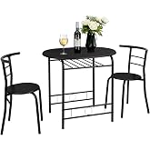 VINGLI 3 Piece Dining Set,Small Kitchen Table Set for 2,Breakfast Table Set,Kitchen Wooden Table and 2 Chairs for Small Space/Dining Room/Apartment,Metal Frame,Wine Rack,Black