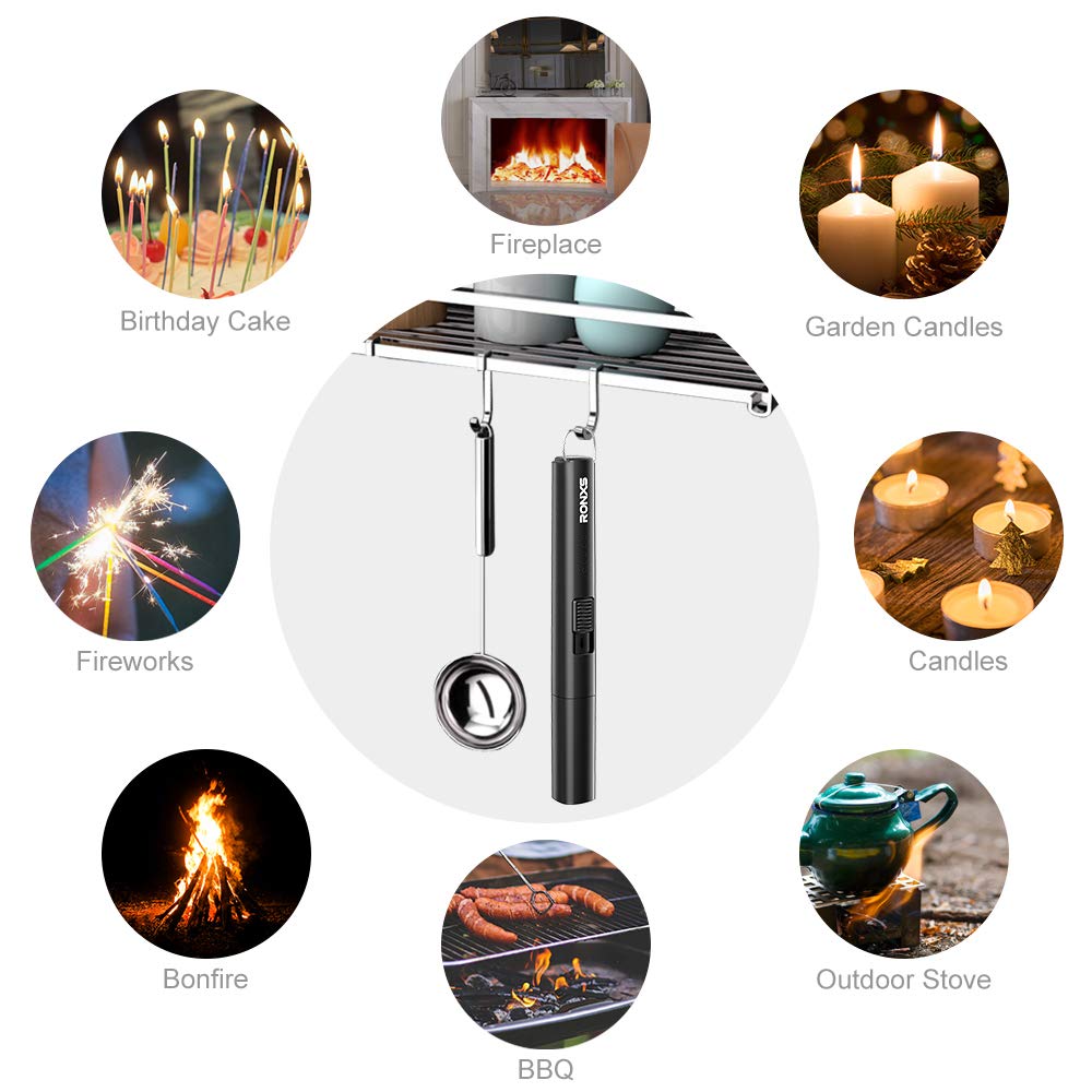 RONXS Lighter, Candle Lighter with Safety Design Cover, Battery Indicator Camping Lighter Windproof Portable 7IN Low Noise USB Plastic Lighter with Safety Switch/Hanging Hook for Candle Cooking BBQ