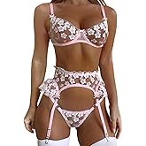 Kaei&Shi Bridal Lingerie,Floral Lace Ruffle Garter Lingerie Set,3 Piece Bachelorette Outfit For Bride Wedding Night Honeymoon