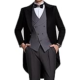 Wehilion Men's 3 Piece Tuxedo Suit Slim Fit Swallow Long Tailcoat Performances Party Wedding Double Breasted Vest Pants