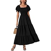 LYANER Women's Casual Summer Midi Dress Ruffle Short Sleeve Square Neck Smocked Tiered Ruffle Dresses