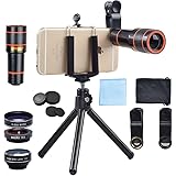 Apexel 4 in 1 12x Zoom Telephoto Lens + Fisheye + Wide Angle + Macro Lens with Phone Holder + Tripod for iPhone X/8/ 7 /6/6s plus SE Samsung HTC Google Huawei LG Ipad Tablet PC Laptops