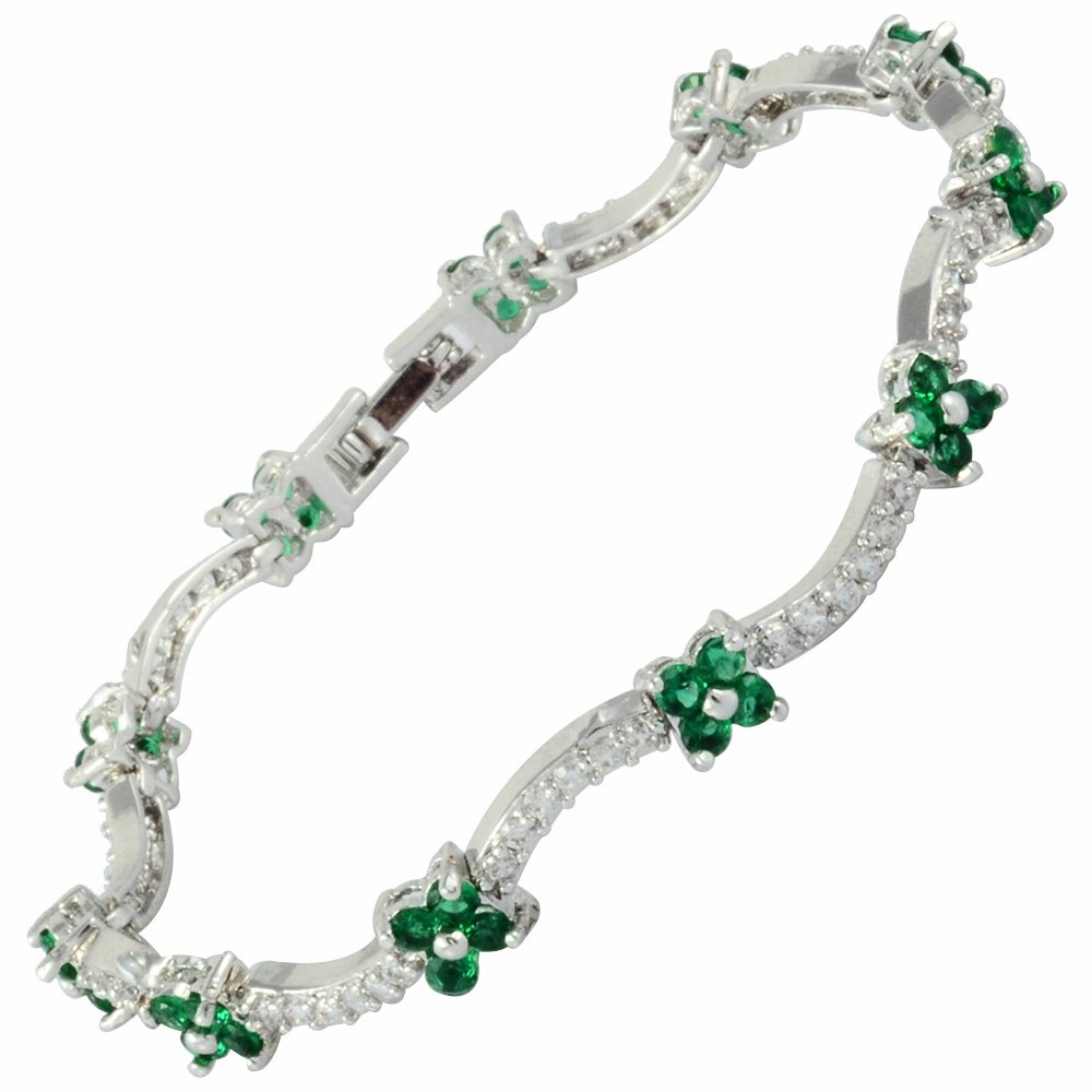 RIZILIA Blossom Tennis Bracelet [18cm/7inch] with Round Cut Gemstones CZ [Green Emerald] in 18K White Gold Plated, Simple Modern Elegance