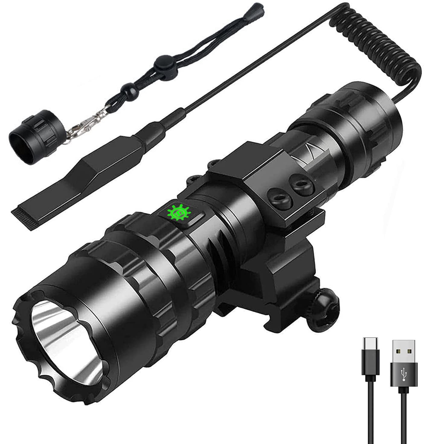 WHTOHY Ultra-Bright LED Airgun Tactical Flashlight, 4000 Lumens Rechargeable IP65 Waterproof, with Pressure Switch Rail Mounting Kit, Ideal for Camping and Hunting