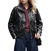 VKXJA Women’s Faux Leather Bomber Jacket Oversized Relaxed Fit Aviator Flight Coat - Casual Moto Zip-Up Outerwear