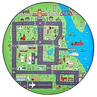 YRUGS Kids Cartoon Round Area Rugs, Children Carpet Educational City Road Play Mat, Baby Crawling Blanket Cars Toys, for Boy Girl Playroom Nursery Bedroom Living Room Classroom, City Port