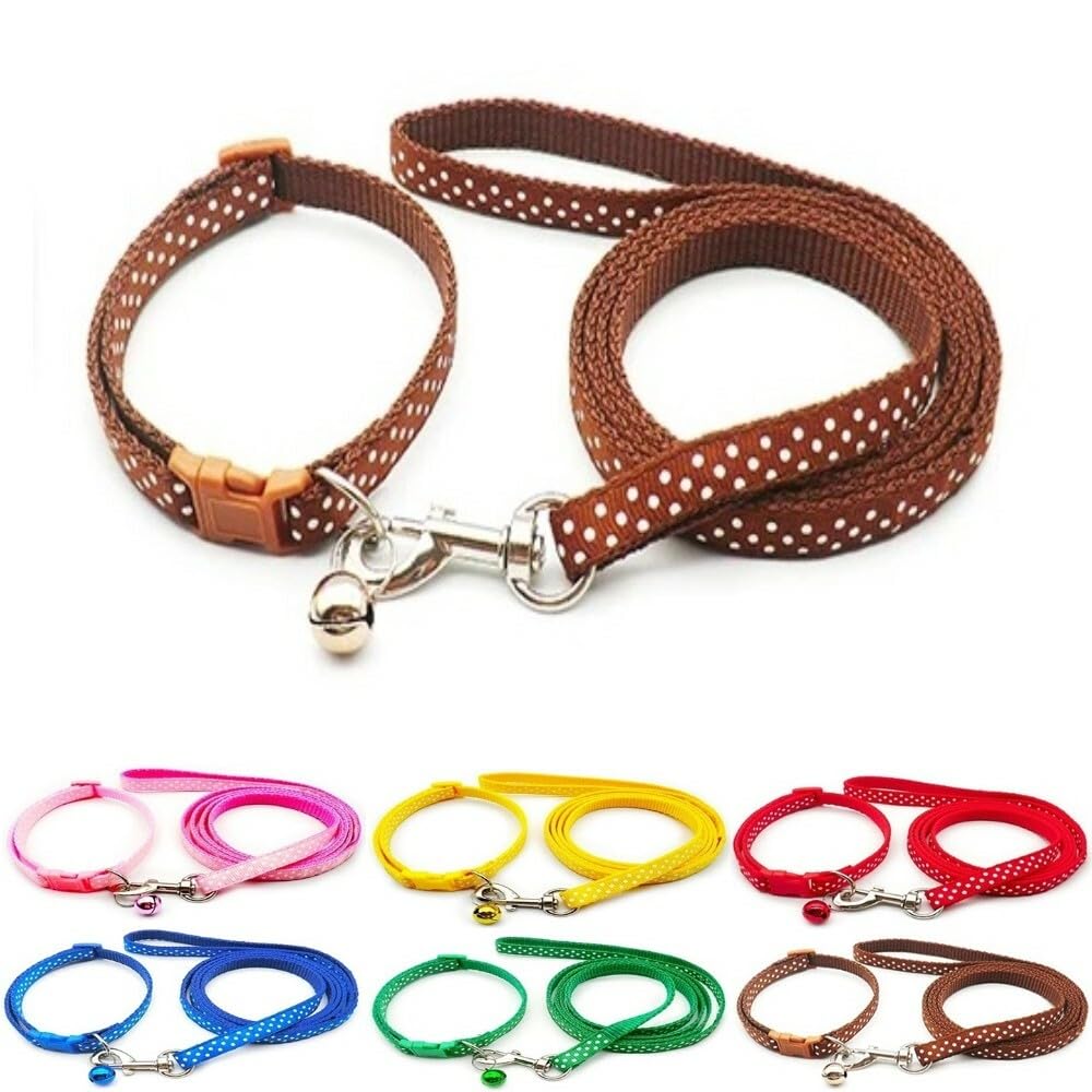 Small Dog Puppy Pet Collar and Lead Set Spot Dot Design Nylon Adjustable Size 19-32cm Collar with Bell and 120cm Leash Brown