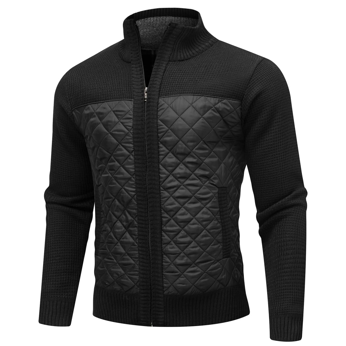 AKuVoL Men's Cardigan Sweaters Full Zip Stand Collar Slim Fit Long Sleeve Knitted Sweater with Pockets Black S