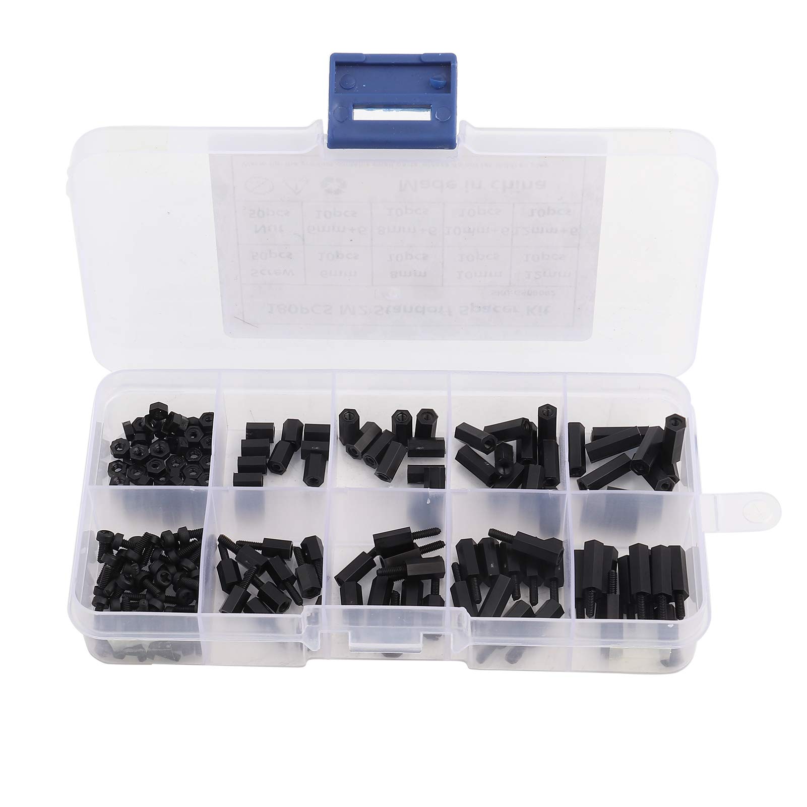 180pcs M2 Male Female Hex Spacer Standoffs Screws Nuts Assorted Assortment Kit Black Nylon Spacer Standoff Screw Nut Assortment Set with Box