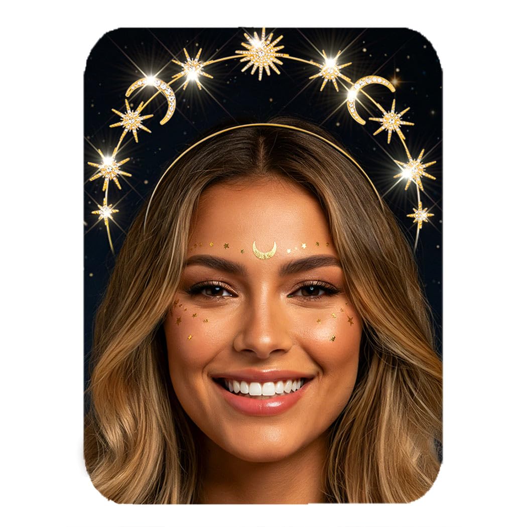 Zoestar Star Halo Crown Headband Rhinestone Star Goddess Headpiece Celestial Hair Accessories for Women (Gold 2)