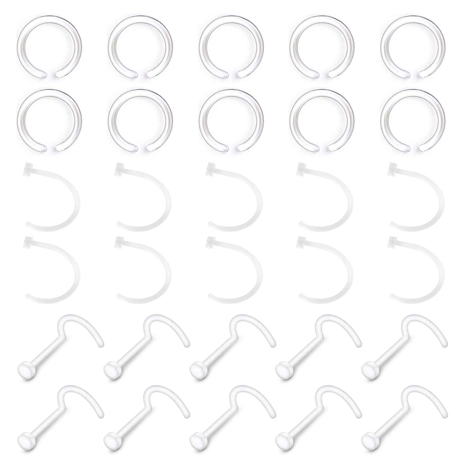 Mayhoop 30 Pcs 18G 20G Clear Nose Rings Studs Acrylic Bioflex Retainers C shaped Nose Rings Nose Screw Studs Nose Piercing Body Jewelry for Men Women