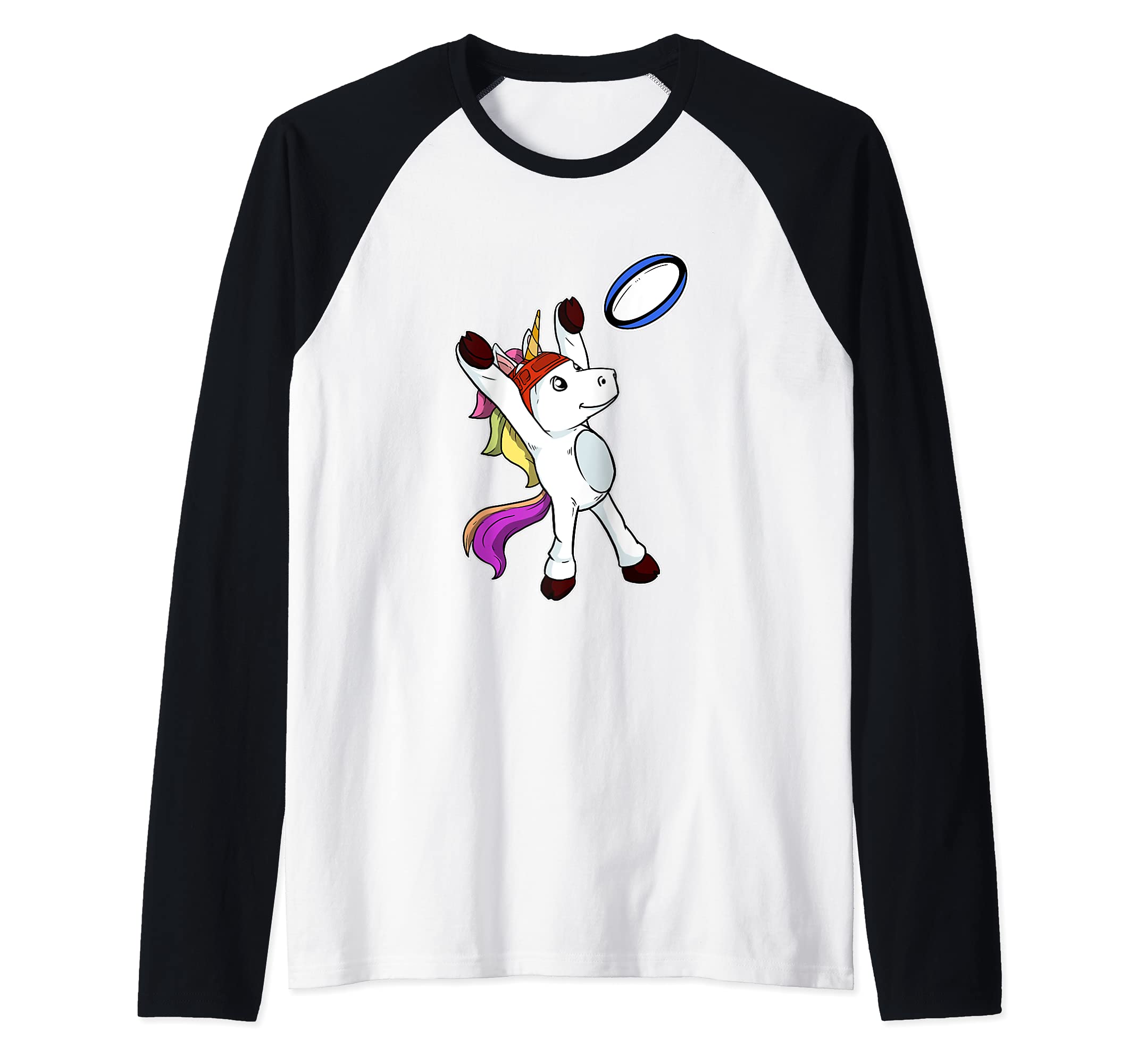 Funny Rugby Player Unicorn Catching Rugby Ball Costume Raglan Baseball Tee