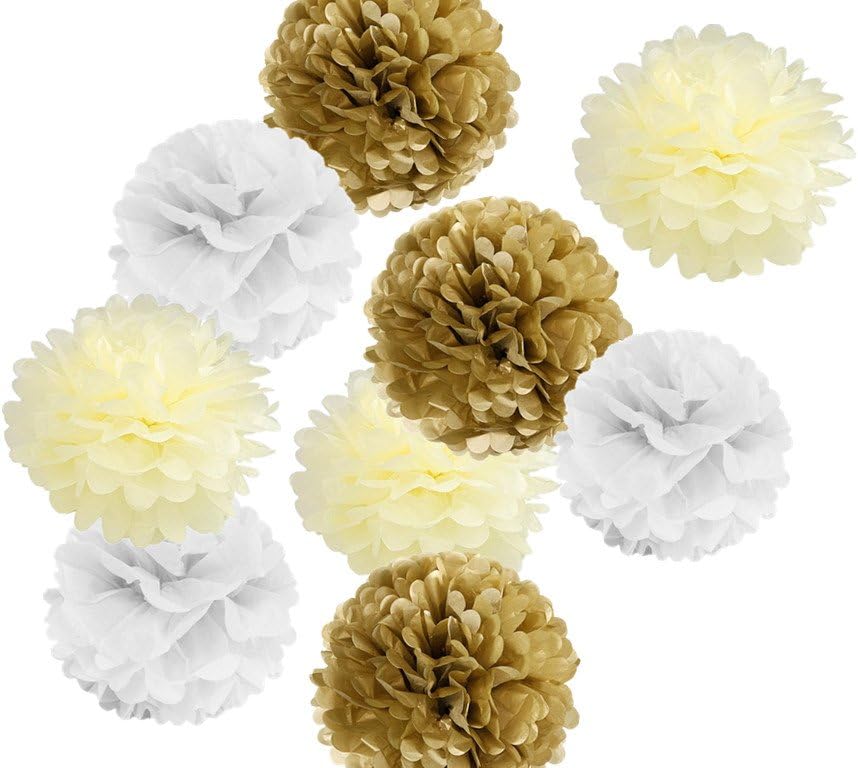 Hanzen 9 Pcs Mixed 8" 10" 14" Ivory White Gold Tissue Paper Pom Poms Flower Balls for Birthday Wedding Party Baby Shower Outdoor Decorations