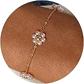Pendlixy Daisy Pearl Bracelet Set for Women, 18K Gold Plated Dainty Layered Pearl bracelet Cute Daisy Link Chain Bracelets Gifts for Women