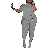 PINSV Women's Plus Size 2 Piece Outfits Tracksuits Short Sleeve Top Pants Sets Sweatsuits