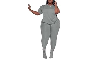 PINSV Women's Plus Size 2 Piece Outfits Tracksuits Short Sleeve Top Pants Sets Sweatsuits