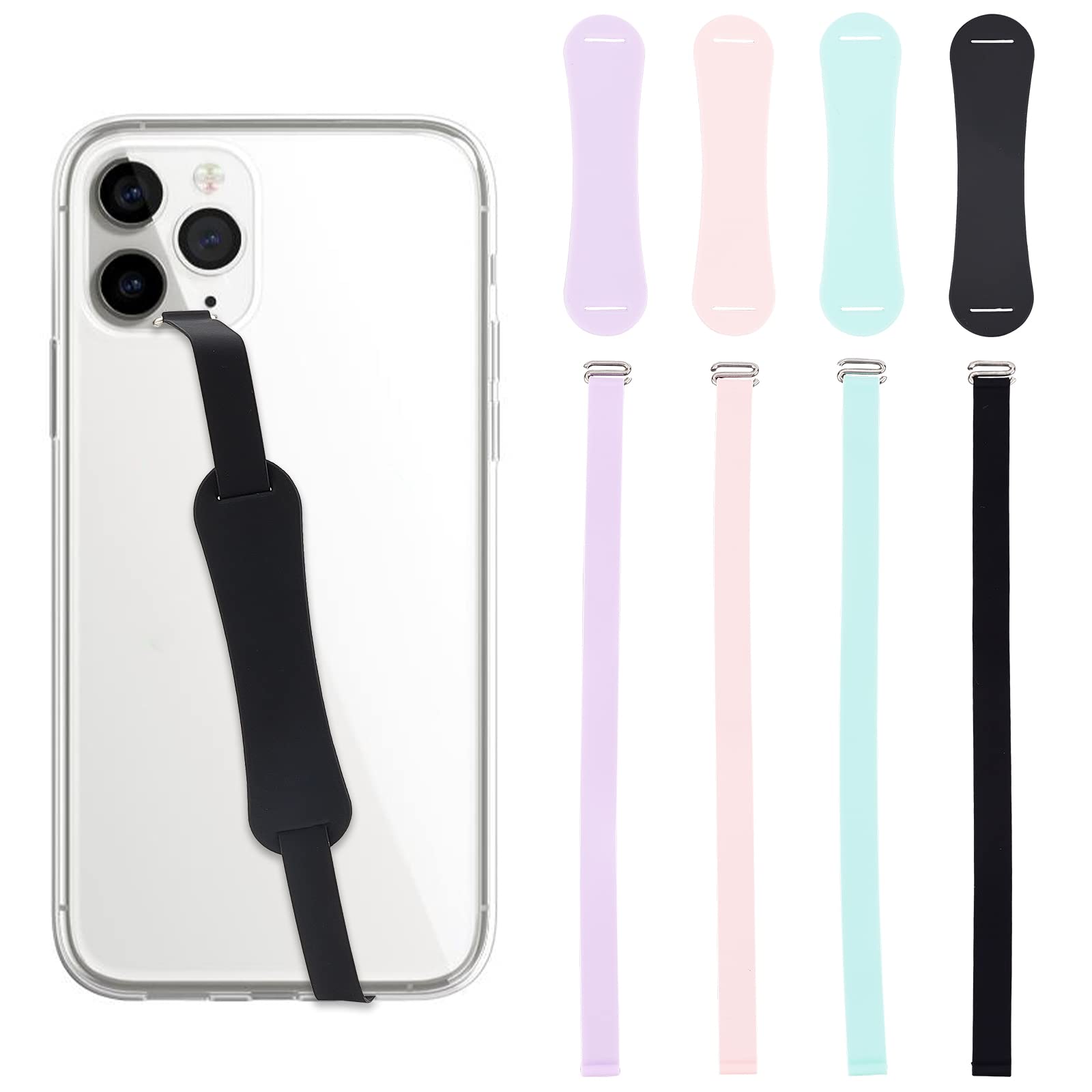 OLYCRAFT 4 Sets Silicone Phone Finger Strap Universal Silicone Elastic Loop Phones Grip Reusable Hand Finger Holder Phone Grip Holder for Most Phones Case - Black/Pink/Purple/Mint Green