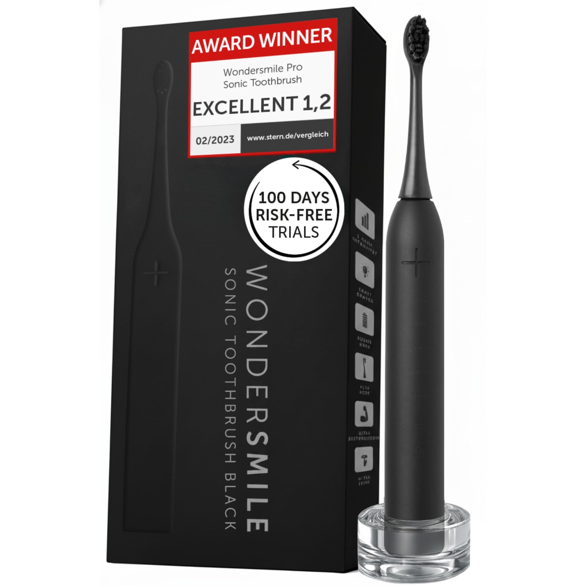 WonderSmile Sonic Toothbrush Pro - Award Winner 2026* - Electric Toothbrush 100-Day Risk-Free Test - IPX8, 4 Modes - TÜV SÜD Certified - with Charging Station & 60-Day Power Battery (Ultimate Black)