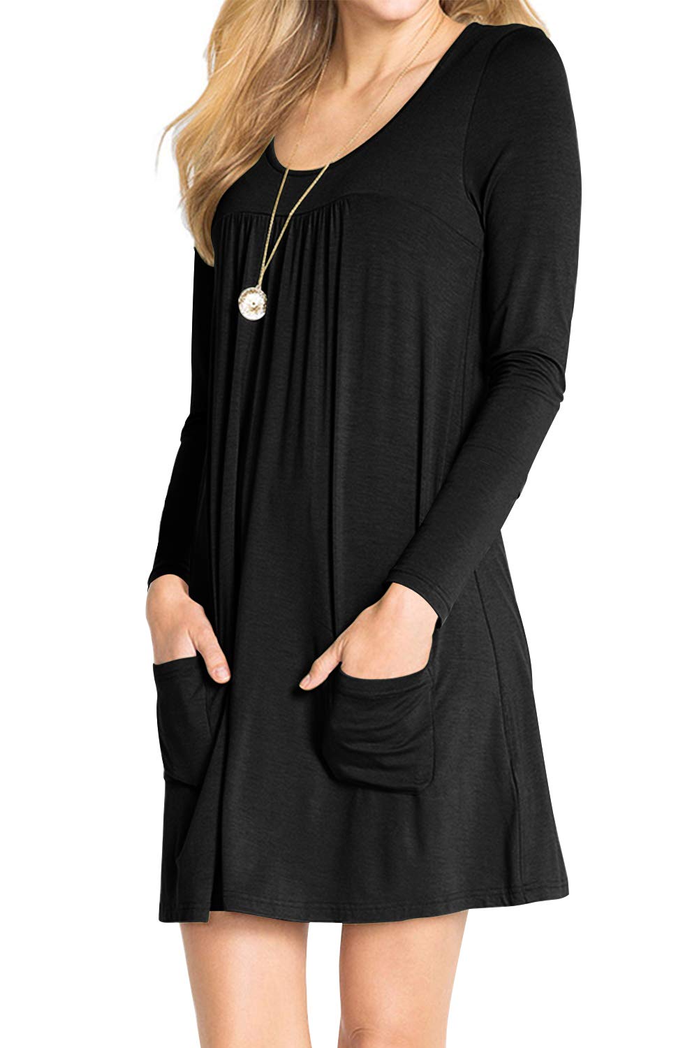 AMCLOS Womens U Neck Dress with Pockets Casual Loose Swing Simple Ruffle Plain Long Sleeve Dresses (Medium, U Neck-Black)
